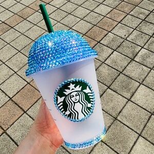 NWOT Starbucks Iridescent Dark Blue Bling Rhinestone Tumbler with Green Straw